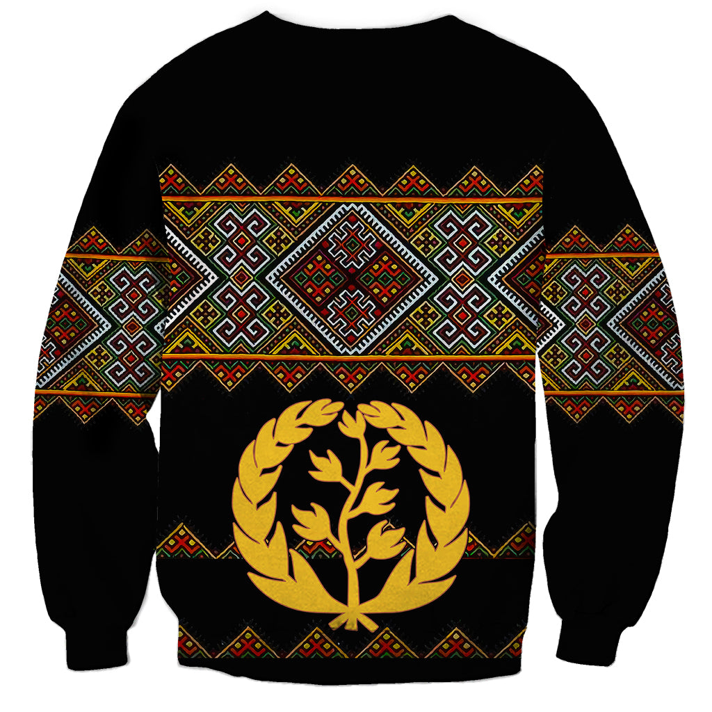 Unisex black sweatshirt with colorful patterned stripe and large gold tree crest on back