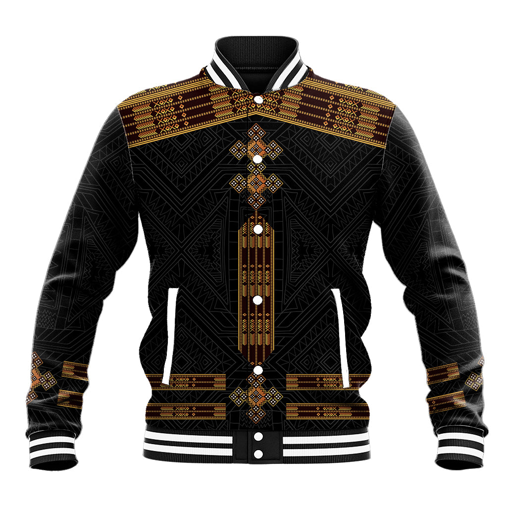 Black baseball jacket with gold patterned yoke, striped ribbed collar and cuffs, snap front