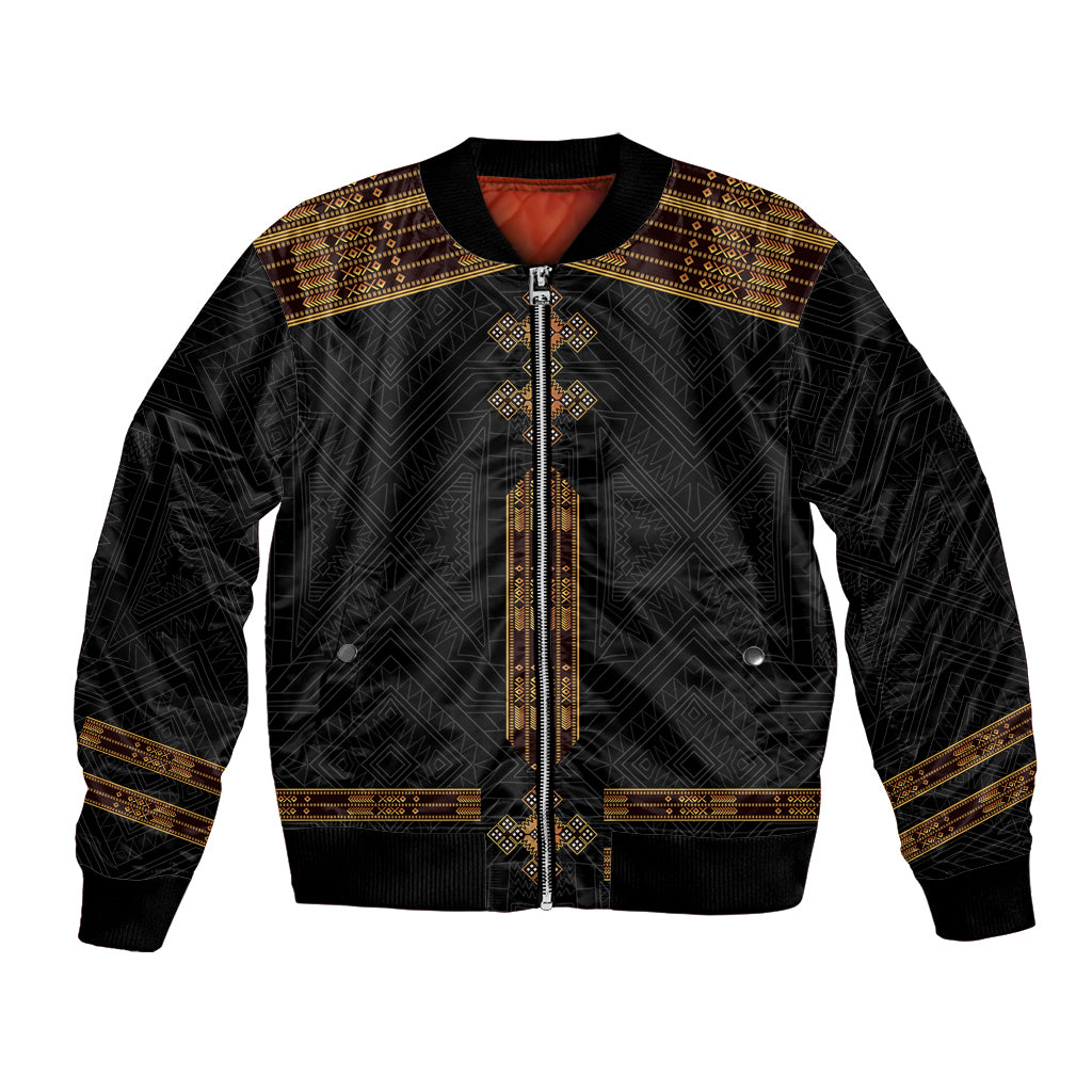 Black bomber jacket with gold geometric trim, central zipper, ribbed collar and cuffs.
