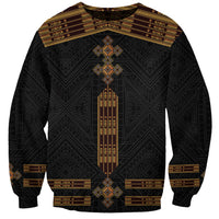 Unisex black sweatshirt with gold Ethiopian-style geometric cross and border bands