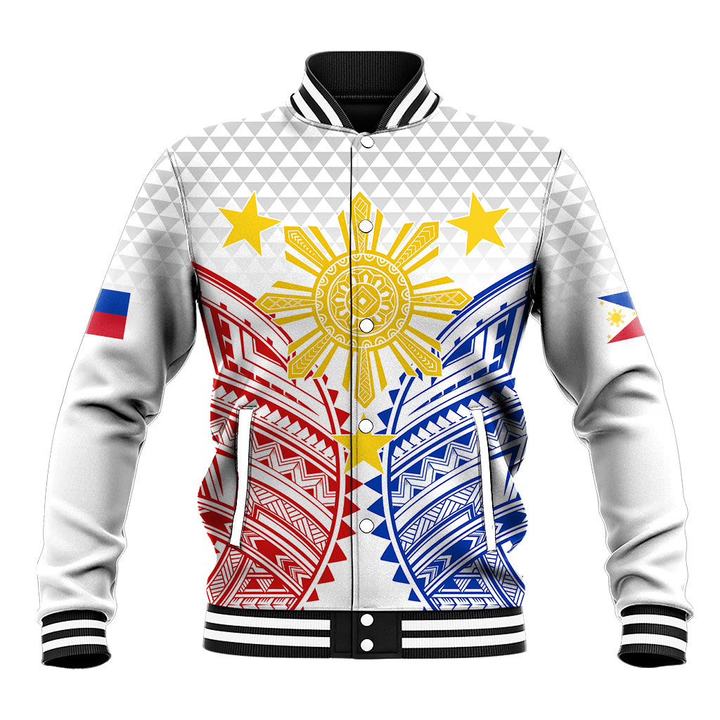 White unisex baseball jacket with ribbed collar, tribal sun-and-stars graphic, striped cuffs