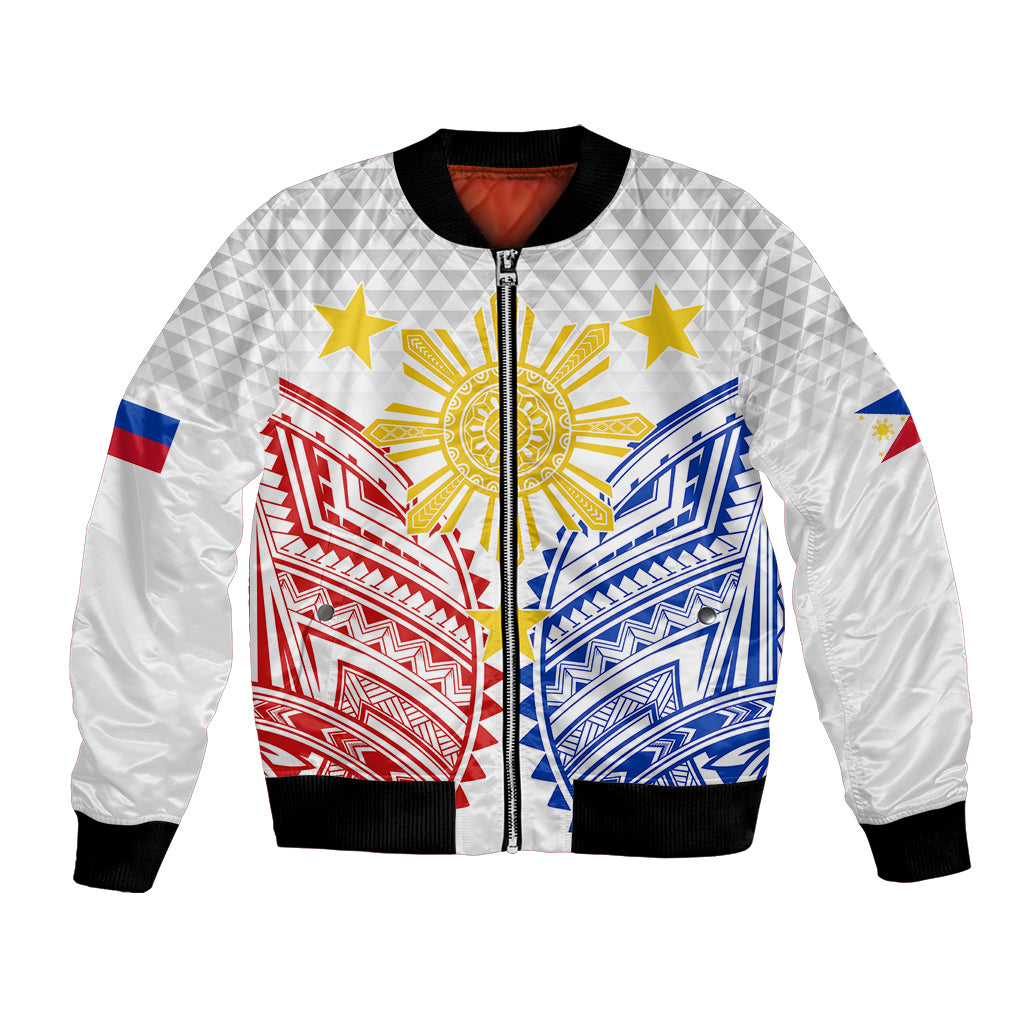 White unisex bomber jacket with black ribbed collar, full zip, and tribal sun and stars print