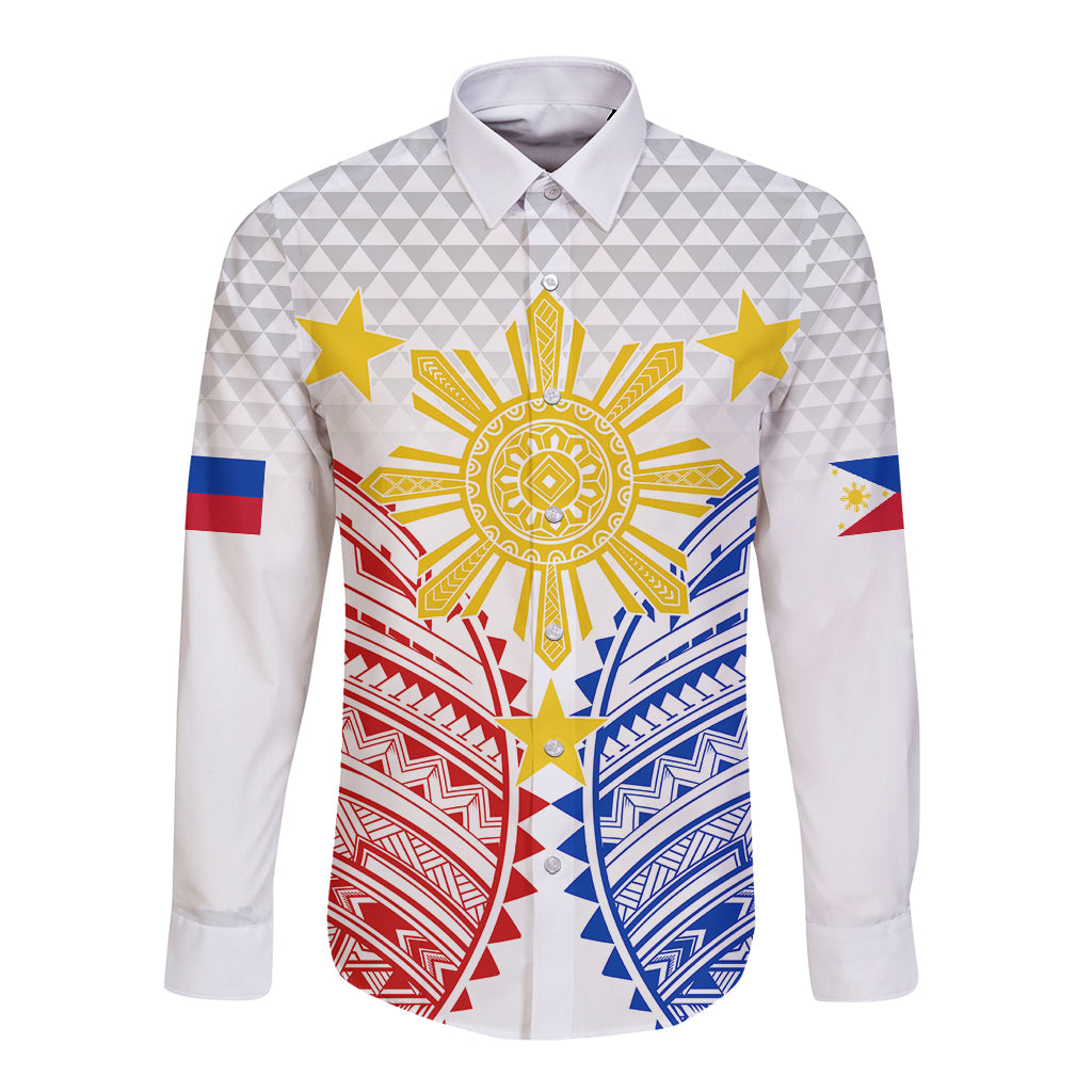White long-sleeve button shirt with tribal sunburst, stars, and blue/red side accents