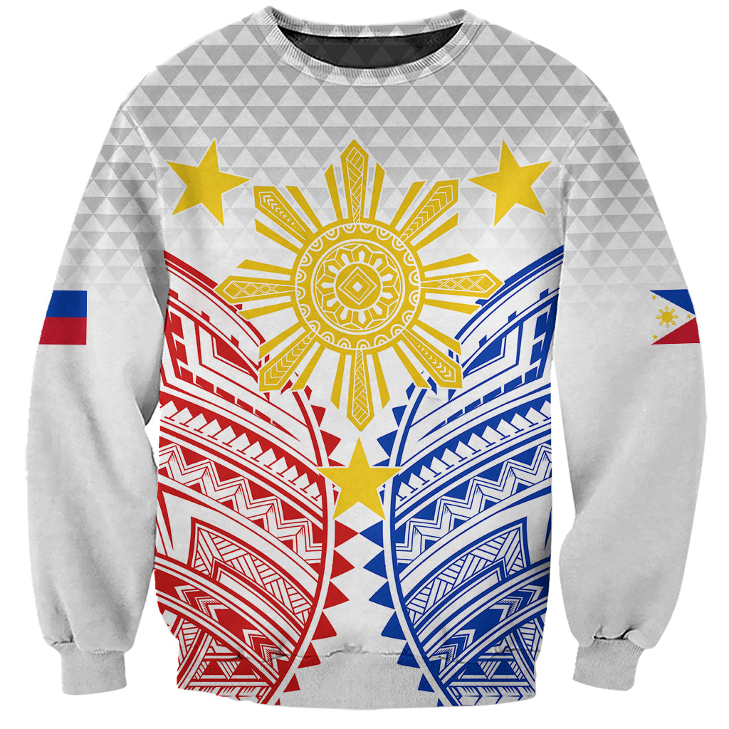 Light gray crewneck sweatshirt with colorful sun and star tribal graphic
