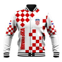 Unisex baseball jacket, white with red checkerboard, Croatia crest, snap front