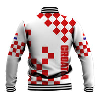 Unisex baseball jacket, white with red checkered back, Croatia text, striped cuffs