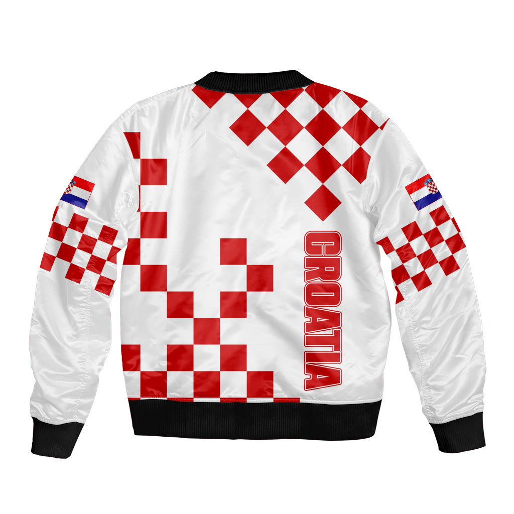 White bomber jacket back with red checkered pattern, black ribbed hem and cuffs