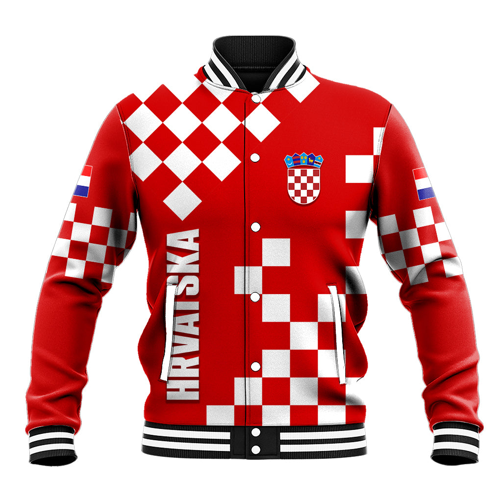 Croatia baseball jacket in red with checkerboard front and striped collar/cuffs