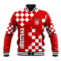 Croatia baseball jacket in red with checkerboard front and striped collar/cuffs