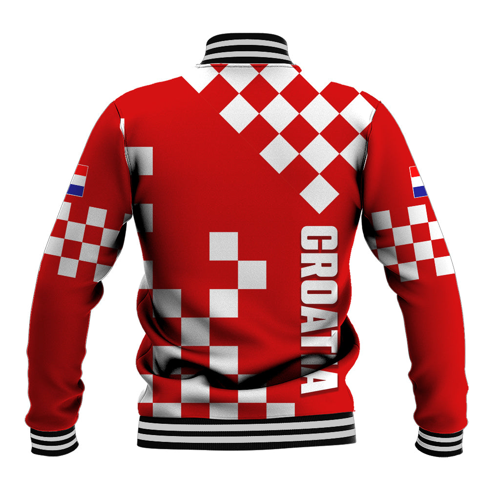 Croatia baseball jacket, red back with checkerboard pattern, vertical HRVATSKA text