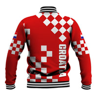 Croatia baseball jacket, red back with checkerboard pattern, vertical HRVATSKA text