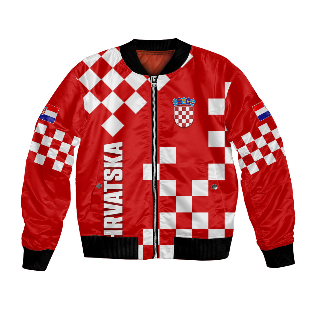 Red unisex bomber jacket, checkered print, front zip, ribbed black cuffs & hem