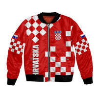 Red unisex bomber jacket, checkered print, front zip, ribbed black cuffs & hem