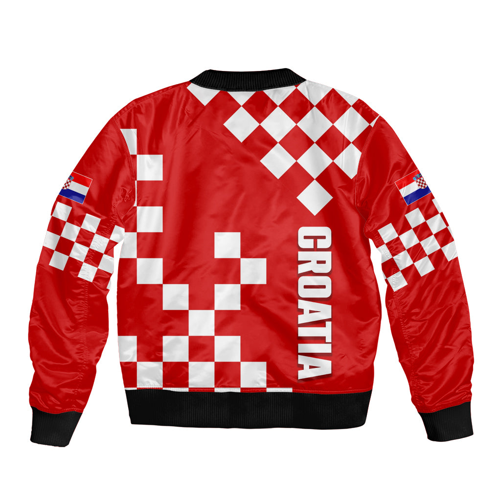 Red unisex bomber jacket, checkered back with CROATIA text, ribbed black hem
