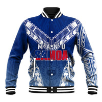Blue personalized rugby baseball jacket with white patterned sleeves, black ribbed collar, snap front