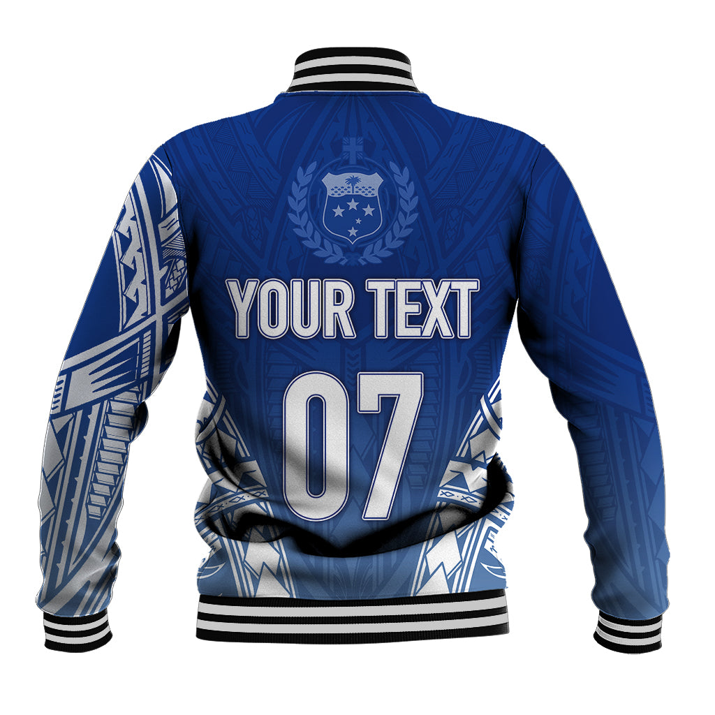 Blue rugby baseball jacket back with crest, YOUR TEXT 07 print, white sleeves, black rib trim