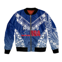 Blue bomber jacket with front zipper, black ribbed trim, white tribal patterns and Samoa graphic