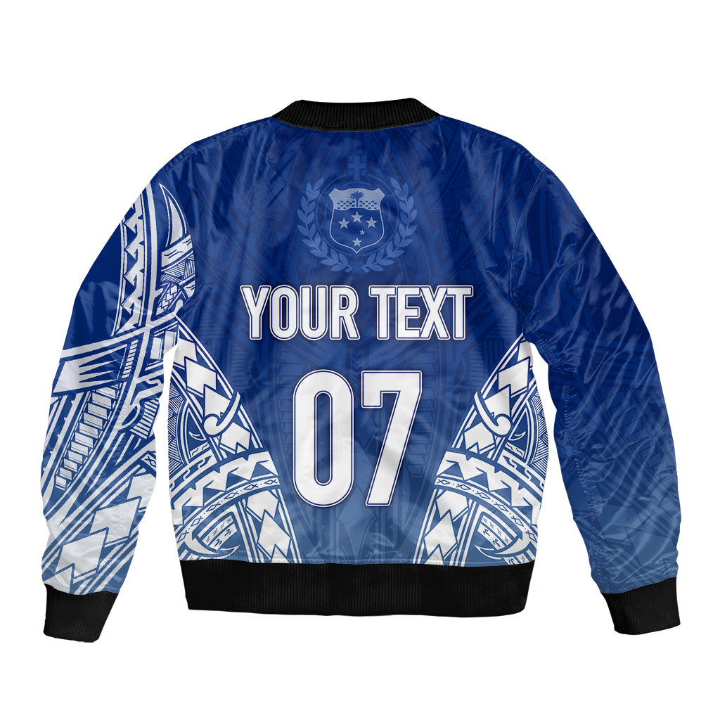 Blue bomber jacket back with YOUR TEXT and 07 graphic, white tribal side patterns