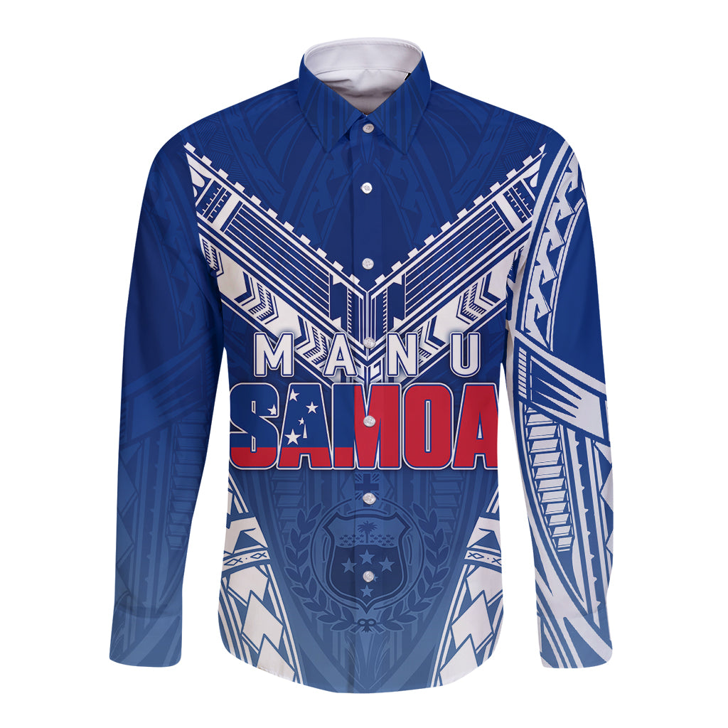 Personalised Samoa Rugby Long Sleeve Button Shirt Manu Samoa Gradient Blue - Wonder Print Shop