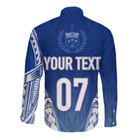 Blue long sleeve button rugby shirt back with crest, YOUR TEXT and 07