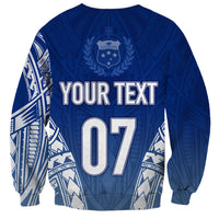 Blue crewneck rugby sweatshirt back with your text and number 07 graphic