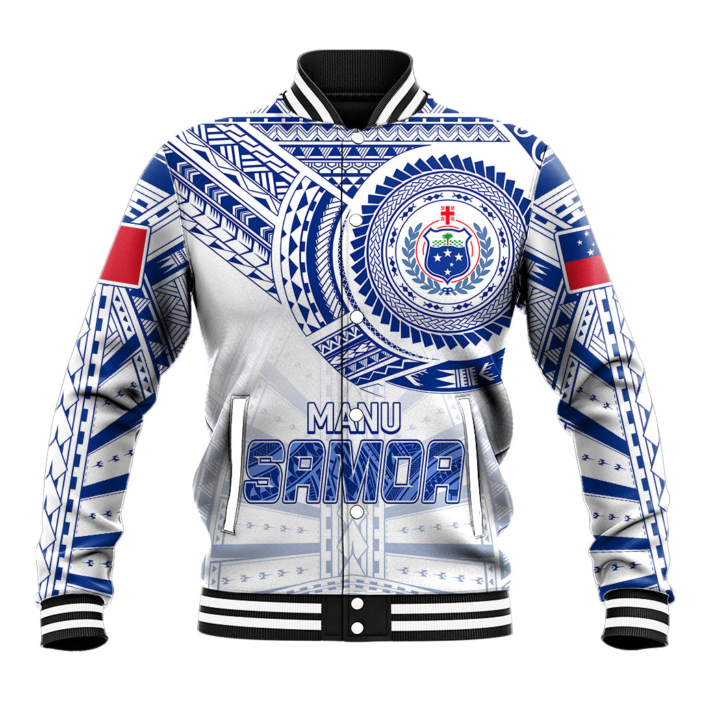 White rugby baseball jacket with blue patterns, black rib collar, red/blue sleeve patches