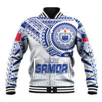 White rugby baseball jacket with blue patterns, black rib collar, red/blue sleeve patches