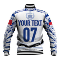 White rugby baseball jacket back with blue print, 'YOUR TEXT' and '07', striped rib hem