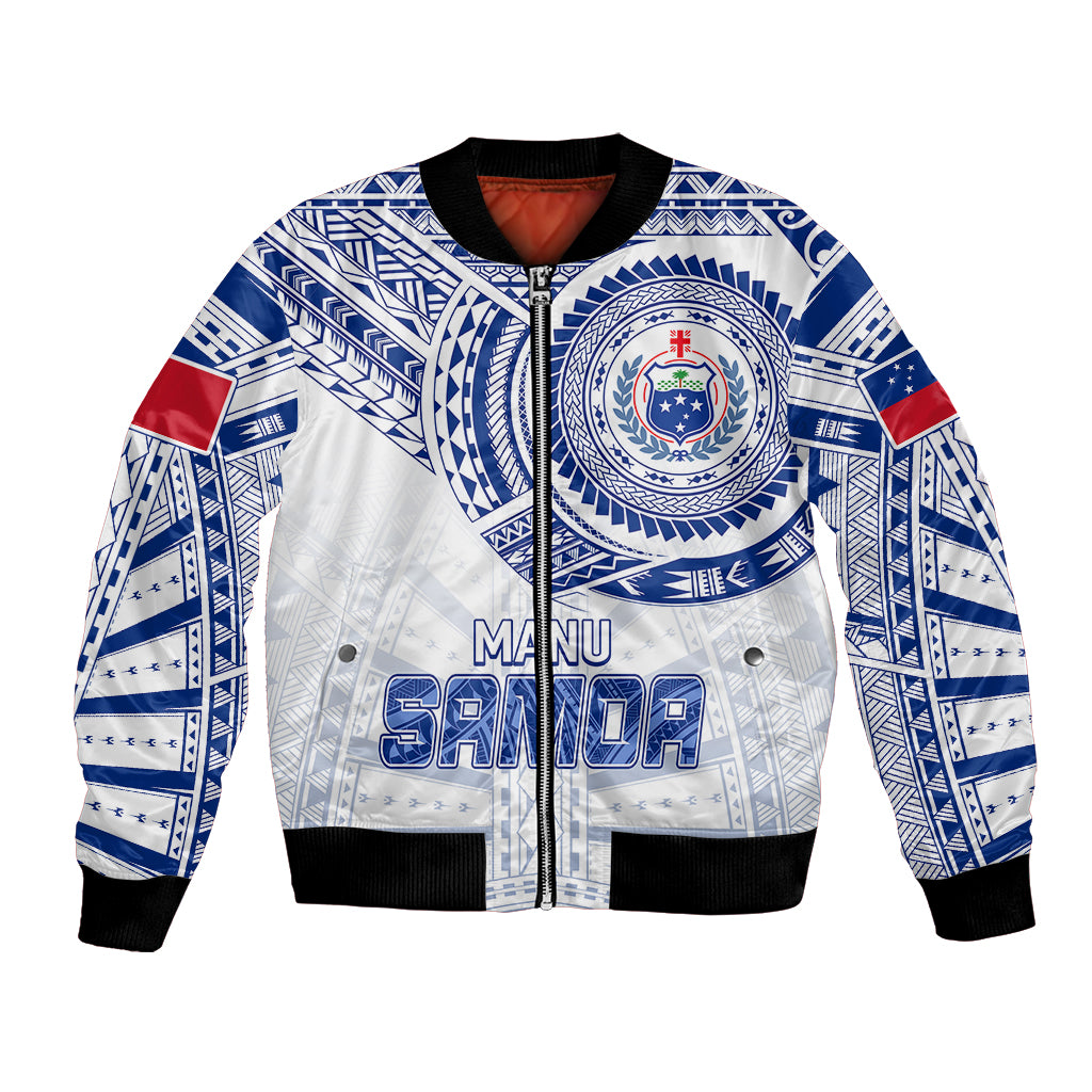 White/blue rugby bomber jacket with zip front, crest emblem and SAMOA print