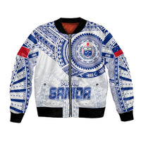 White/blue rugby bomber jacket with zip front, crest emblem and SAMOA print