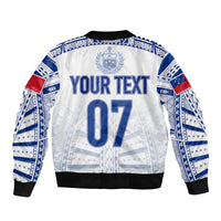 White/blue rugby bomber jacket with back print "YOUR TEXT" and 07, crest emblem