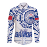 Rugby long-sleeve button shirt with blue patterned crest and Manu Samoa text