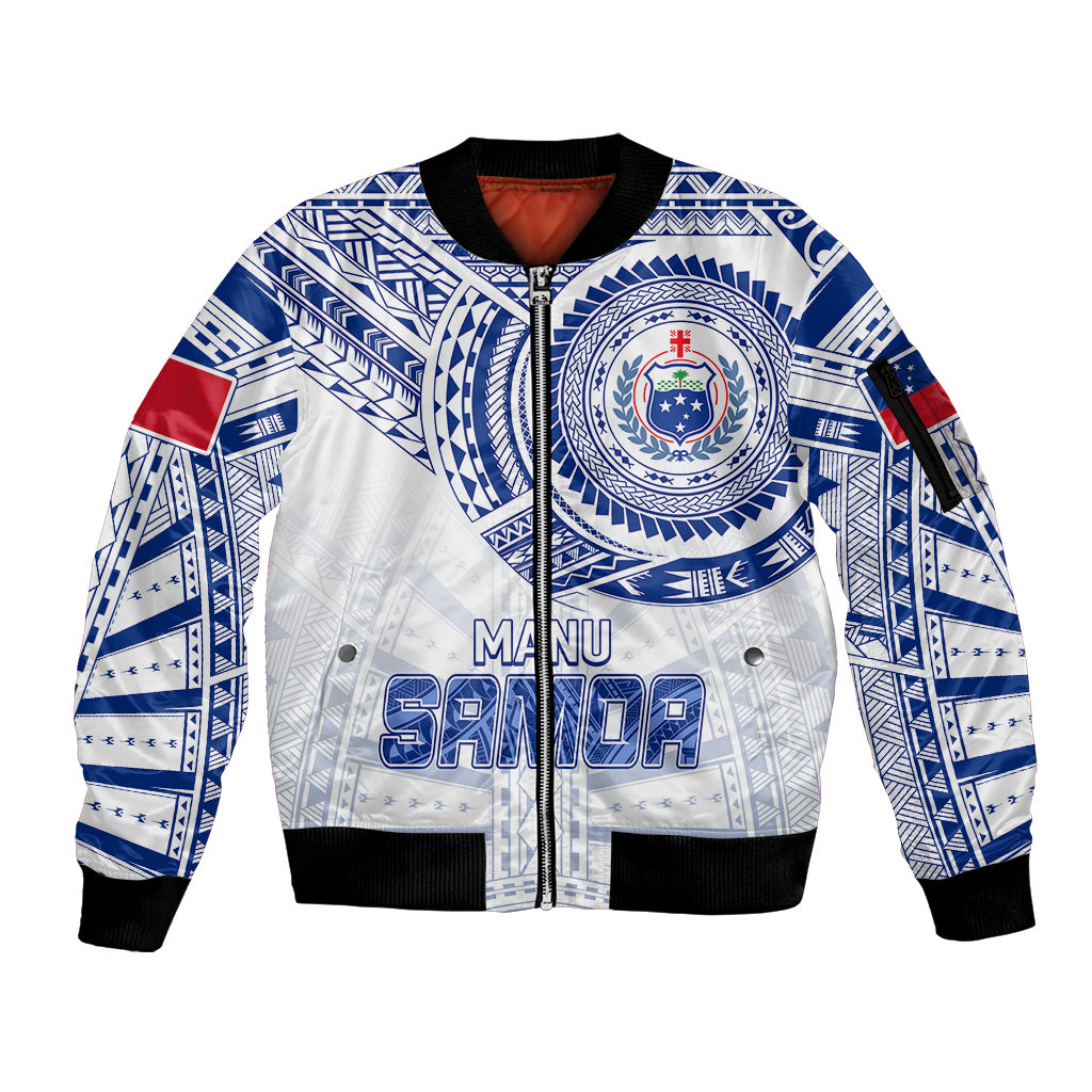 Personalised Samoa Rugby Sleeve Zip Bomber Jacket Manu Samoa Gradient White - Wonder Print Shop