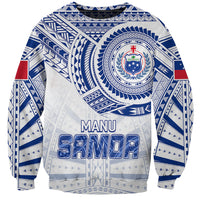 White and blue patterned rugby sweatshirt with crest and 'MANU SAMOA' graphic