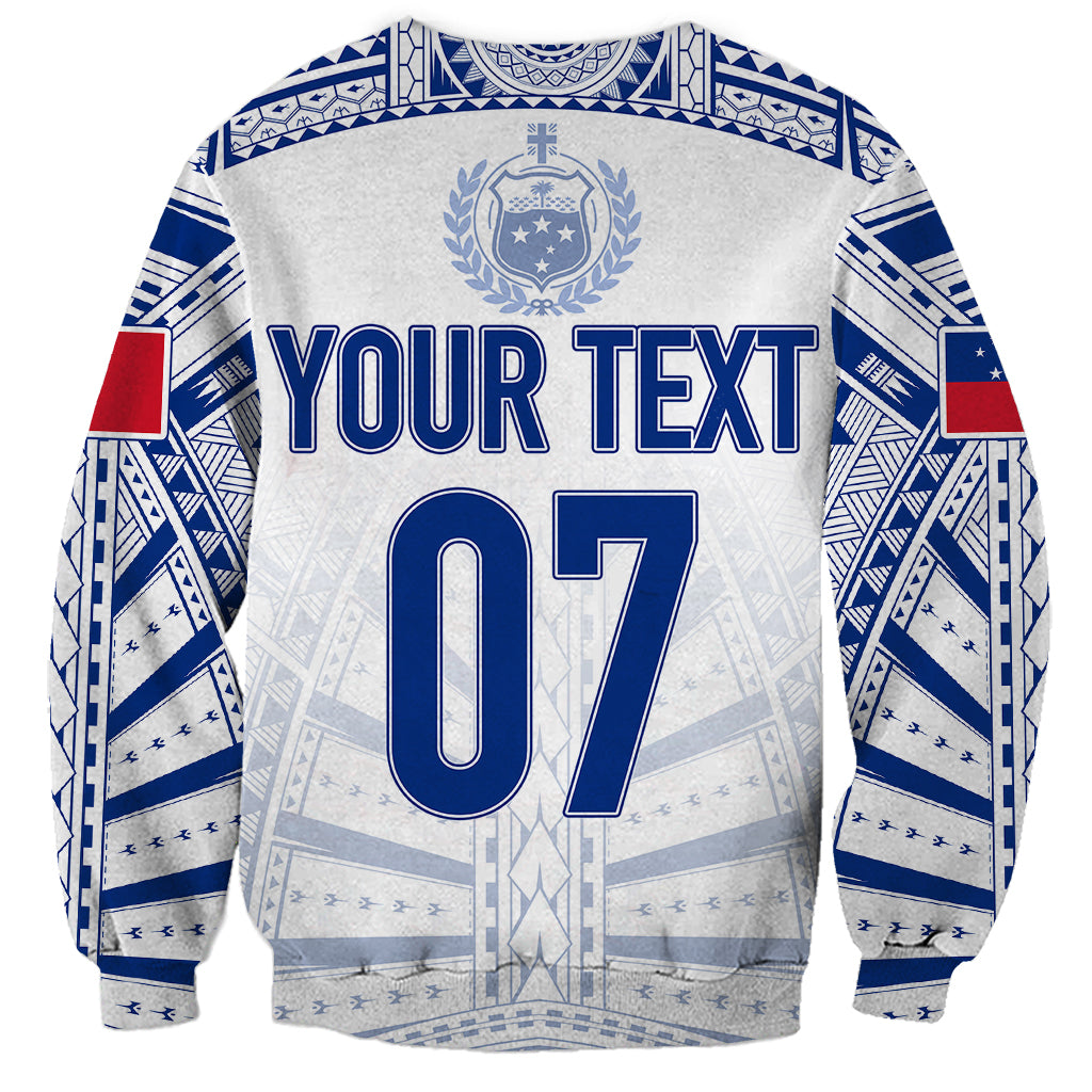 White and blue rugby sweatshirt back with 'YOUR TEXT' and '07' print