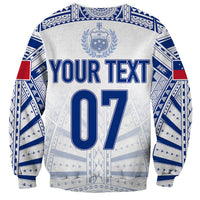 White and blue rugby sweatshirt back with 'YOUR TEXT' and '07' print