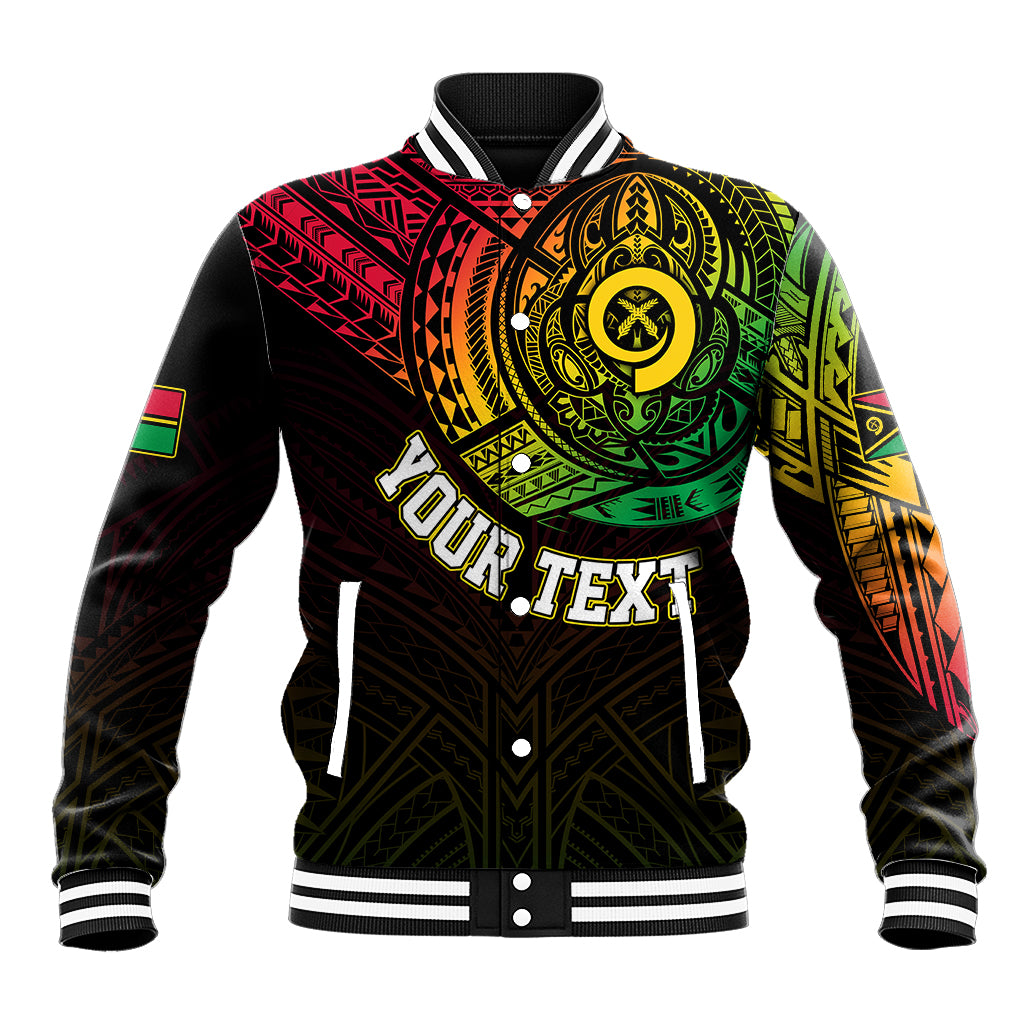 Black baseball jacket with colorful Vanuatu tattoo-style graphic and striped ribbed collar