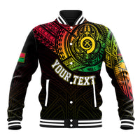 Black baseball jacket with colorful Vanuatu tattoo-style graphic and striped ribbed collar