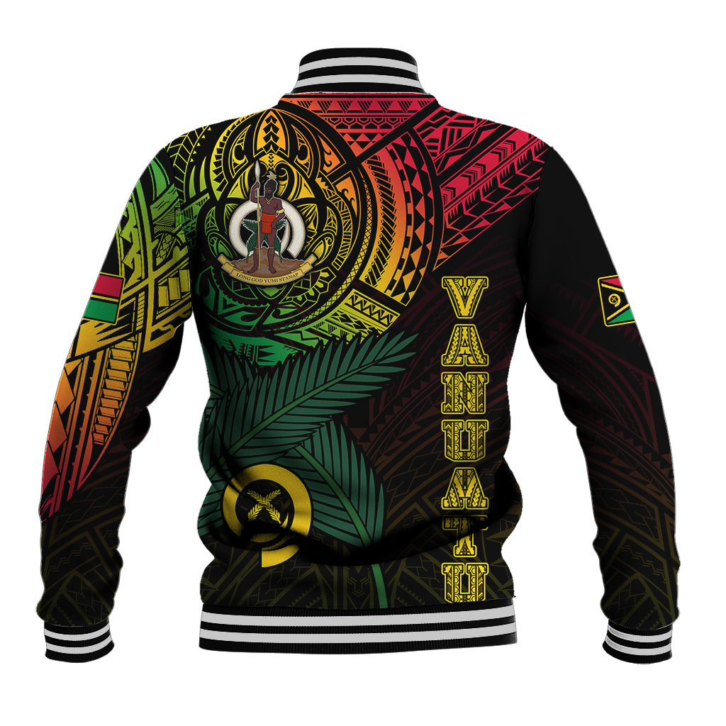 Black baseball jacket back with large Vanuatu graphic, vertical gold letters, striped cuffs