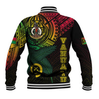 Black baseball jacket back with large Vanuatu graphic, vertical gold letters, striped cuffs