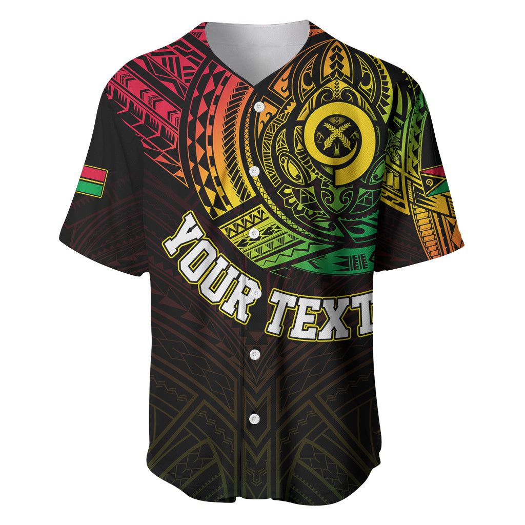 Black baseball jersey with large circular chest emblem, Vanuatu flag stripe, button front