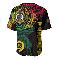 Black baseball jersey with colorful tribal print, leaf motifs, and yellow emblem on sleeve