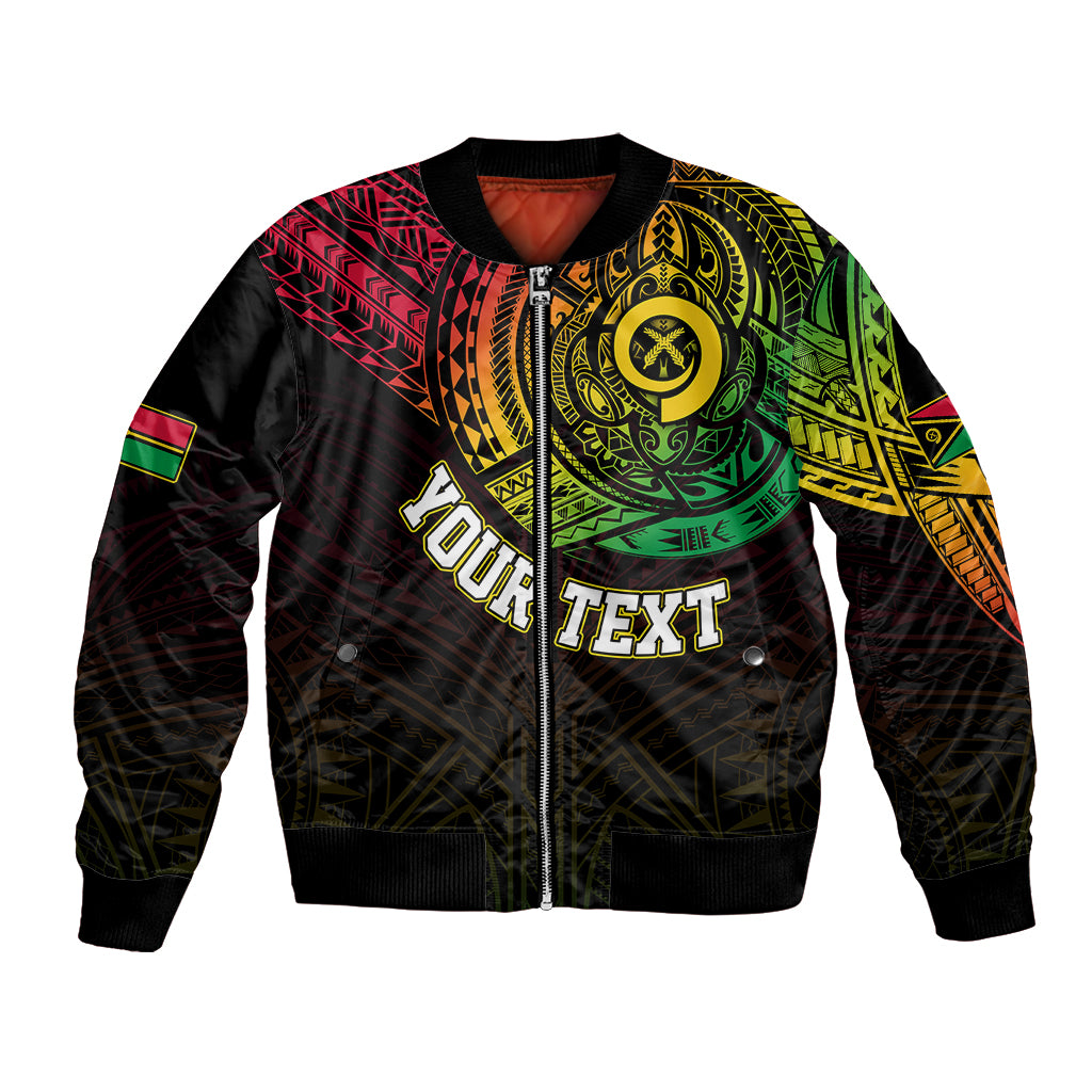 Black bomber jacket with front zip and colorful chest emblem with “TEXT” print