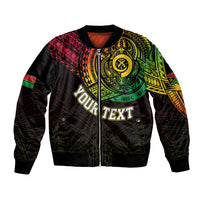 Black bomber jacket with front zip and colorful chest emblem with “TEXT” print