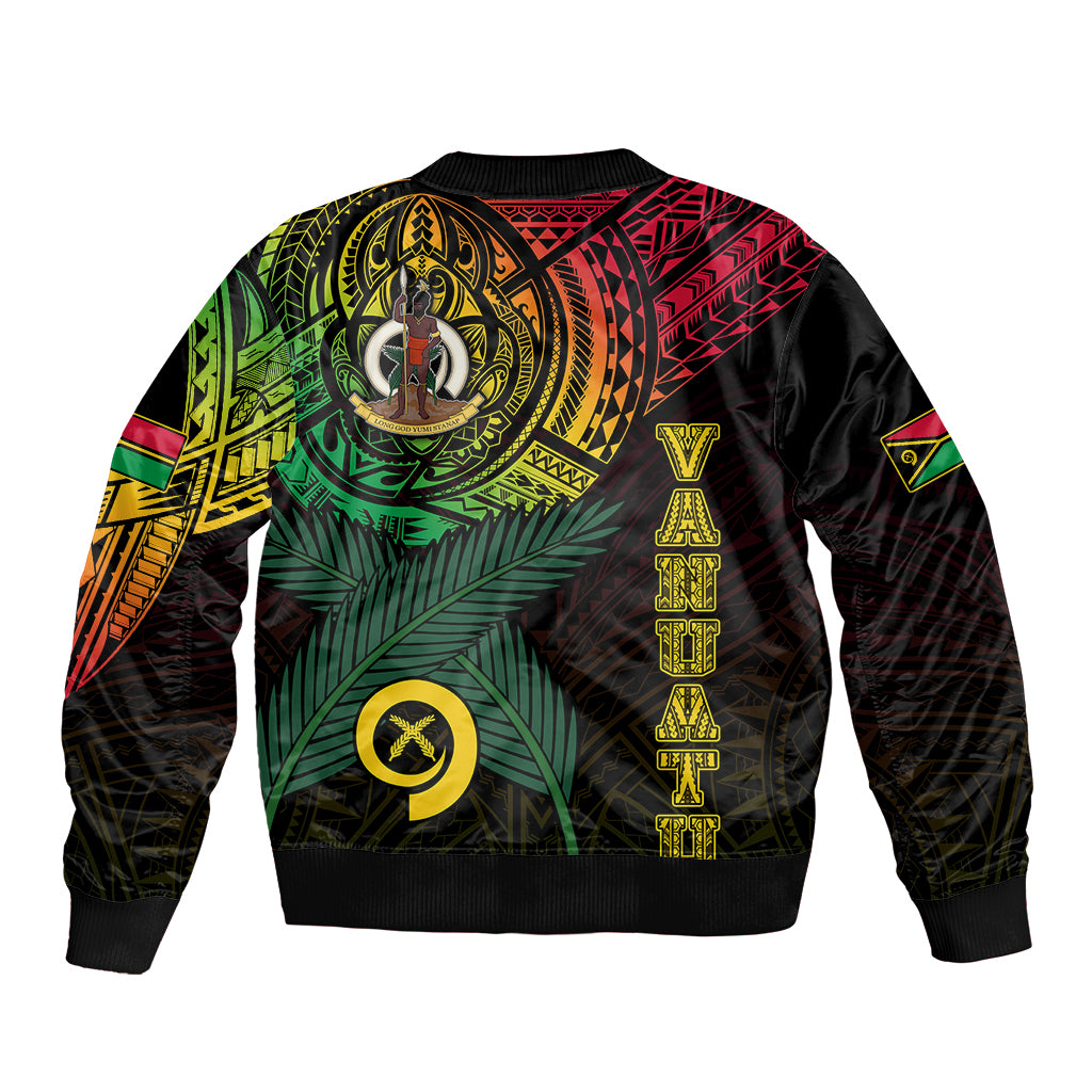 Black bomber jacket back with large circular tattoo-style graphic and vertical emblem