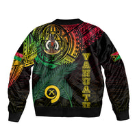 Black bomber jacket back with large circular tattoo-style graphic and vertical emblem