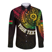 Black long-sleeve button shirt with Vanuatu tribal print and turtle chest emblem