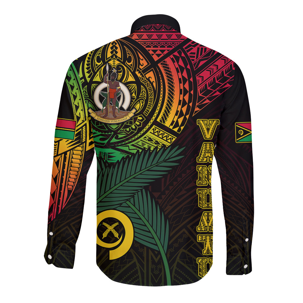 Black long-sleeve button shirt with Vanuatu tribal back print and crest graphic