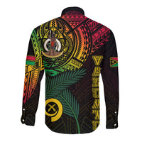 Black long-sleeve button shirt with Vanuatu tribal back print and crest graphic
