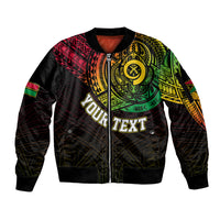 Unisex black zip-up bomber jacket with ribbed cuffs; colorful chest tattoo graphic and TEXT print